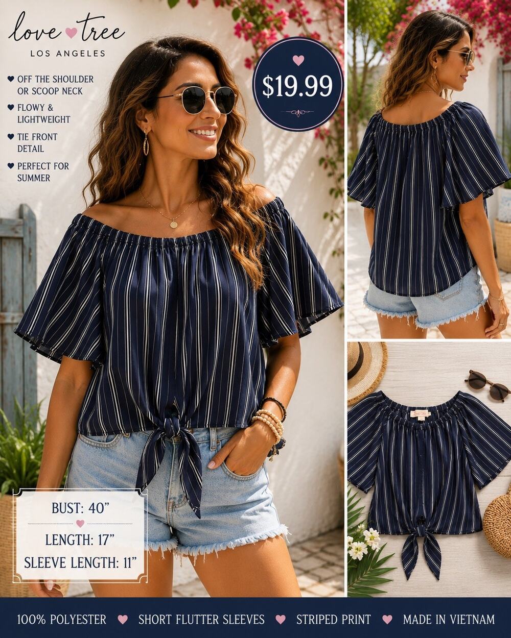 Love Tree Navy/White Stripe Off Shoulder Tie Front Crop Blouse M boho casual EUC